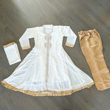 Women's Pakistani Indian Salwar Kameez - 3-Piece Outfit, White/Gold