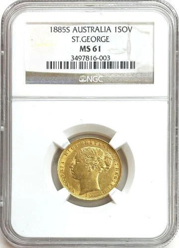 1885 S GOLD AUSTRALIA YOUNG HEAD SHIELD SOVEREIGN NGC MINT STATE 61