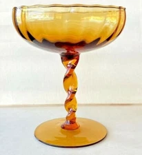 Vintage MCM Amber Trinket Art Glass Footed Dish - Twisted Stem