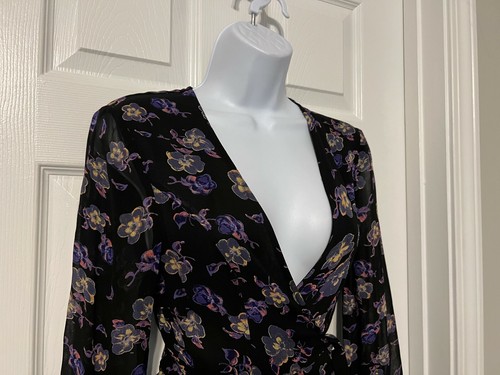 Ganni Black Floral 3/4 Sleeve True Wrap Fit & Flair Mini Dress Sz 34 (4) - Picture 7 of 12