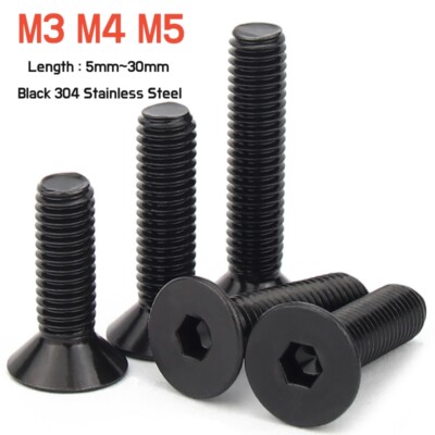 M3 M4 M5 Black Socket Flat Countersunk Screws Hex Allen Key Bolt A2 Stainless 