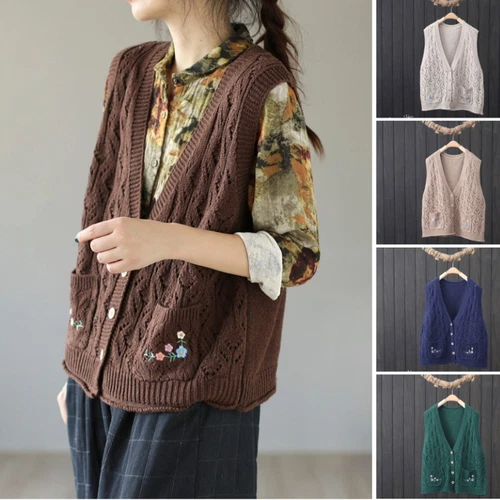 Women Knit Vest Hollow-out Tank Sleeveless Cardigan Gilet Embroidered Sweater - Picture 3 of 19