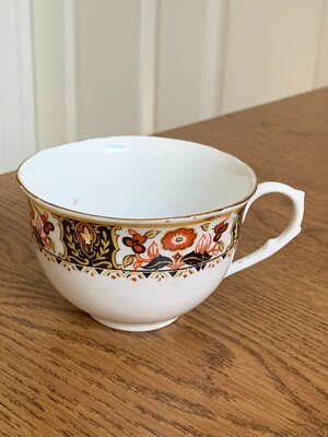 Antique Melba Bone China England Teacup Orange Black Floral Gold Trim  Scalloped
