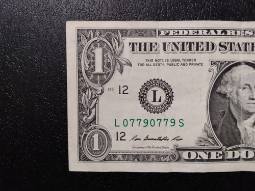 2013 one dollar bill RADAR/repeater NOTE { L 07790779 S }