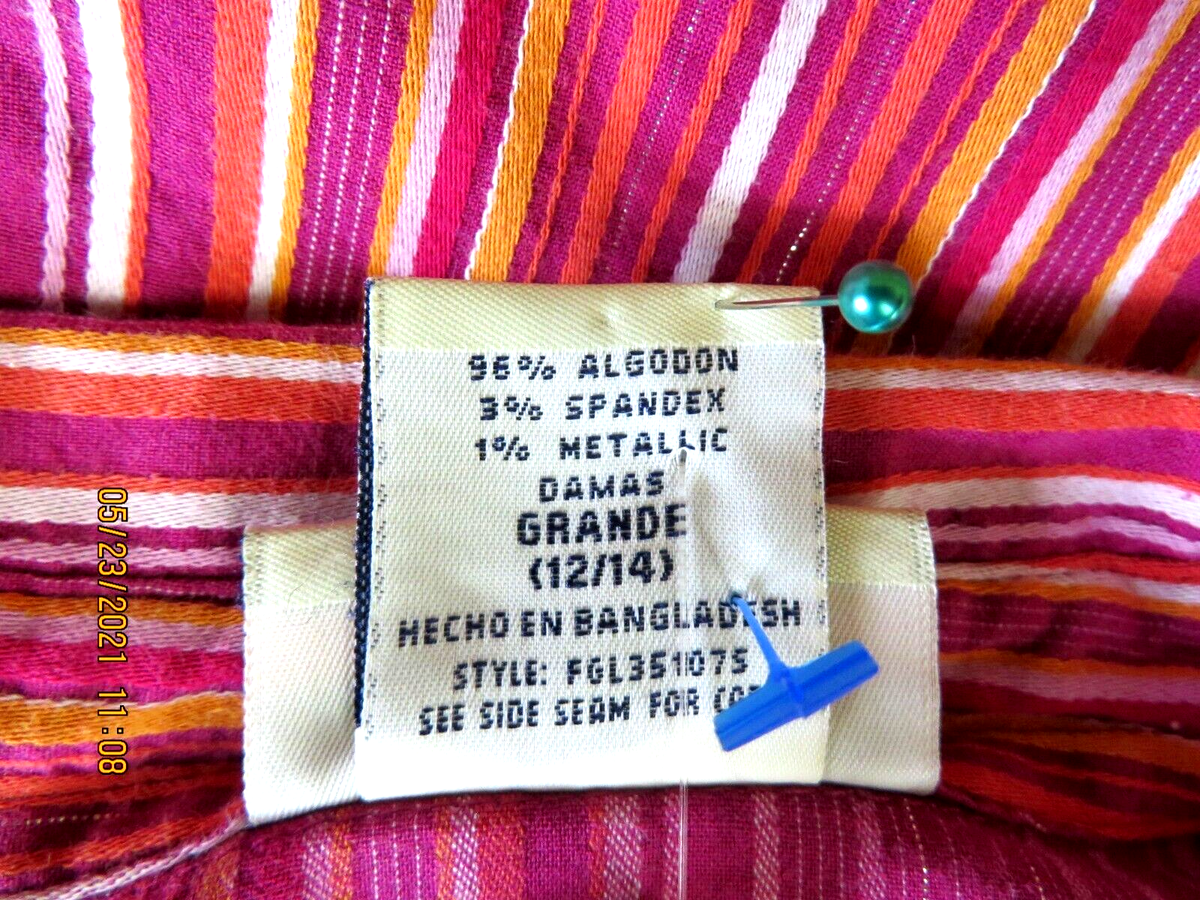 FADED GLORY SZ L Cotton/Spandex Magenta Orange Stripes Top Blouse
