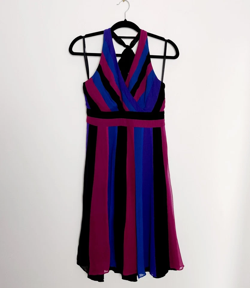 Coast Black Pink Purple Blue Striped Silk Knee-length Halterneck Dress Size 12 - Image 2 of 4