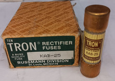 BOX OF 10 NEW BUSSMAN 25 AMP TEN-TRON RECTIFIER FUSE 250 VAC KAB25