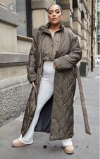 Plus Khaki Quilted Layered Maxi Tie Waist Puffer Size 30