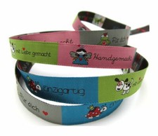 Handmade, hell-blau, grün, rosa, texte deutsch Webband, nähen, Meterware, 1meter