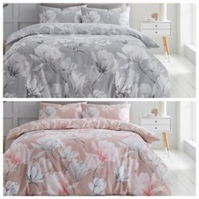 Magnolia Dreams Floral Flower Duvet Quilt Cover & Pillow Case Bedding Set Grey B