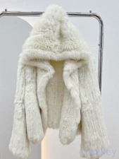 Women Knitted Real Rex Rabbit Fur Hooded Coat Short Knits Jacket Winter Outwear