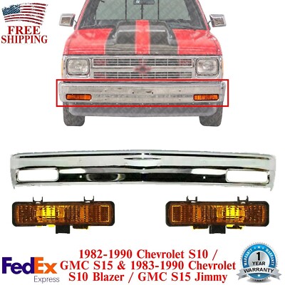 Front Bumper Chrome + Signal Lights LH & RH For 1982-1990 Chevrolet S10 /GMC S15