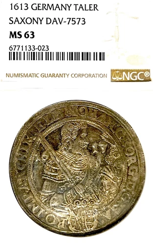 German States Saxony 1613 Taler Coin NGC MS 63 F.STG/STG Thaler UNC TOP POP RARE