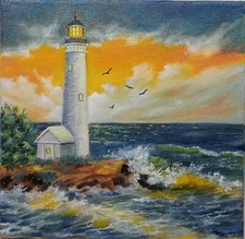 Art 8"/8" Original Oil Painting, Lighthouse Costal Sunset, Stretched Canvas
