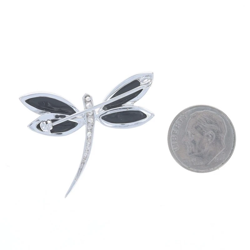 White Gold Onyx Diamond Dragonfly Brooch 18k Marquise Cabochon .16ctw Insect Pin - Image 3 of 4