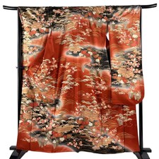 JAPANESE KIMONO FURISODE RED BROWN 162cm 5 ft 4 in PURE SILK B0368