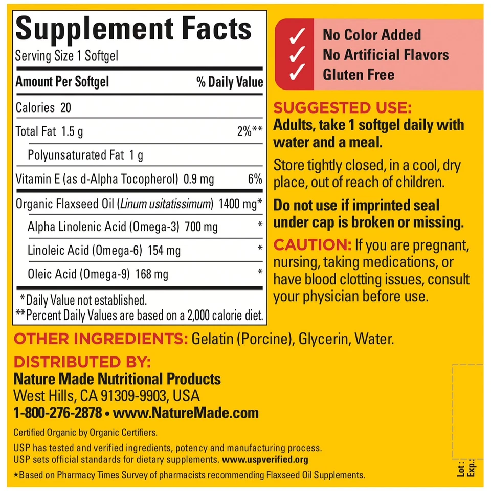 Nature Made Flaxseed Oil 1400 mg, 300 Softgels - Image 4 of 4