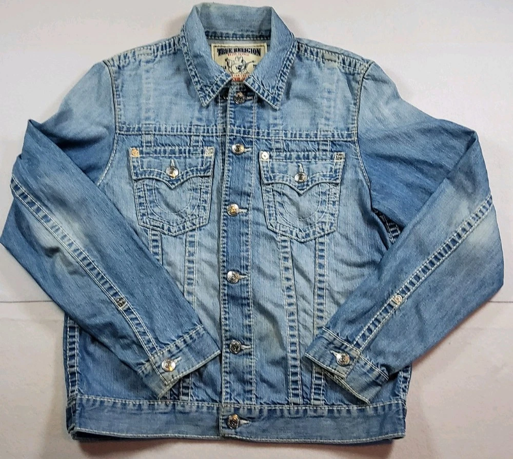 TRUE RELIGION】 BIG T O.G trucker jacket True Religion Men's Big T Denim Jacket Size XL Light Wash Snap