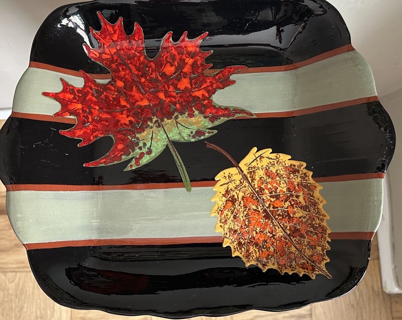 Handmade ELLEN REZNICK Pottery Autumn Leaves Design Rezware Platter 14”W x 11.5D