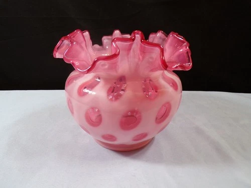 Fenton Cranberry Opalescent Glass Coin Dot Large Rose Bowl Vase INV3