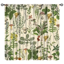 Vintage Botanical Curtains,Antique 1900s Plants Herbs Mushroom Blackout Windo...