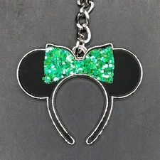 Disney Minnie Mouse Ears Keychain Green Glitter Bow Park Souvenir Gift Key Chain