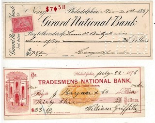 #52 OLD VINTAGE CHECKS PHILADELPHIA TRADESMENS & GIRARD BANK SET OF 2 DIFF BANKS