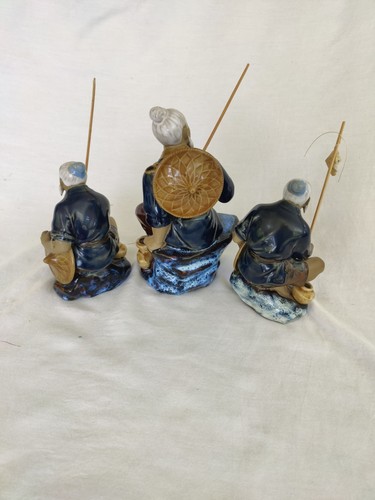 Set of 3 Chinese Mudmen Clay Fishermen Figurines Ceramic Glaze 2 Marked Blue - Picture 6 of 17
