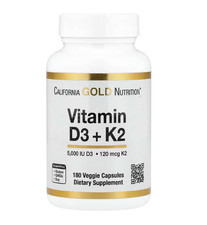 New California Gold Nutrition Vitamin D3 + K2 MK-7 180 Veg Capsules Bone Support
