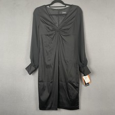 Adrianna Papell Dress Womens 6 Black Long Sleeve V Neck Ruched Satin Cocktail