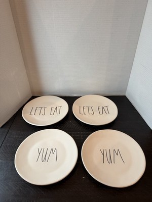 Rae Dunn Artisan Collection White 8'' Snack Plates YUM  & LETS EAT Set Of 4