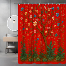 Colorful Floral Shower Curtain on Red Background - Modern Design