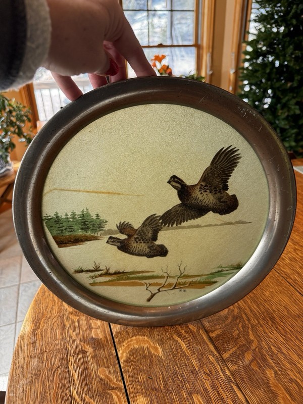 Vintage Kirk Stieff Pewter Serving Tray Quail Hunting Wildlife Barware Cabin