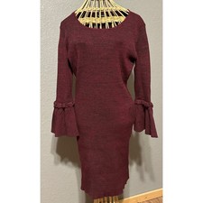 Nina Leonard Burgundy Marl Knit Sweater Dress Bell Sleeve Ruffle Cuff Womens M