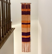 Handcrafted 7 Foot MCM Orange & Purple Textile Wall Hanging Fringed Tapestry