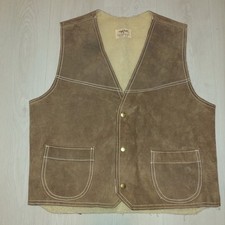 Vintage Ranchwear Brand Suede Leather Shearling lined Snap Up Vest Sz L