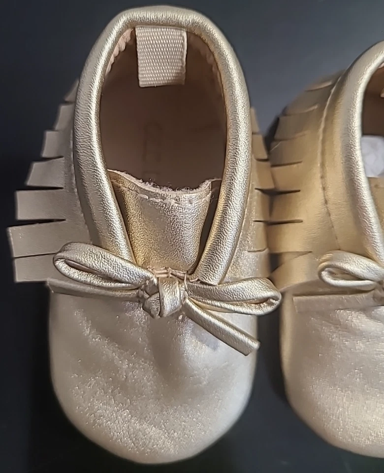Zapatos mocasines antiguos dorados azul marino para bebé niña talla 0-3mos/flecos y lazo Foto 2 de 4