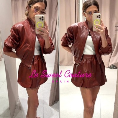 ZARA WOMAN SS26 BRICK FAUX LEATHER SHOULDER PAD BOMBER JACKET 3046/068/701