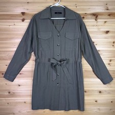 Deluc Dress Womens Large Olive Green Button Up Belted Utility Shirt Dress