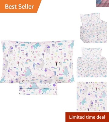 Cute Unicorn Flower Rainbow 100% Cotton Cozy Twin Bed Sheet Set, Flat Sheet &...
