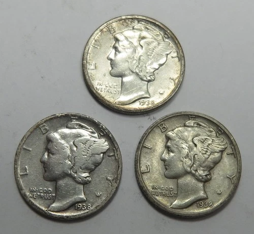 3 Mercury Dimes 1938 Fine, 1938-D Good+,  38-S Very Fine