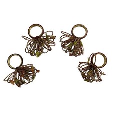 Pier One Napkin Rings Gold Amber Brown Beaded Floral Set Of 4 Boho Hippie