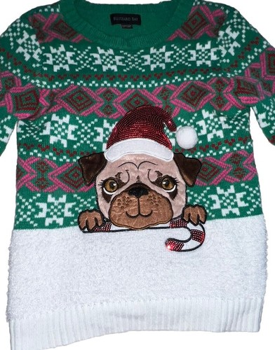 Blizzard Bay Girls Ugly Christmas Sweater Green/White Dog in Santa Hat Sz XL 16 - Picture 2 of 10