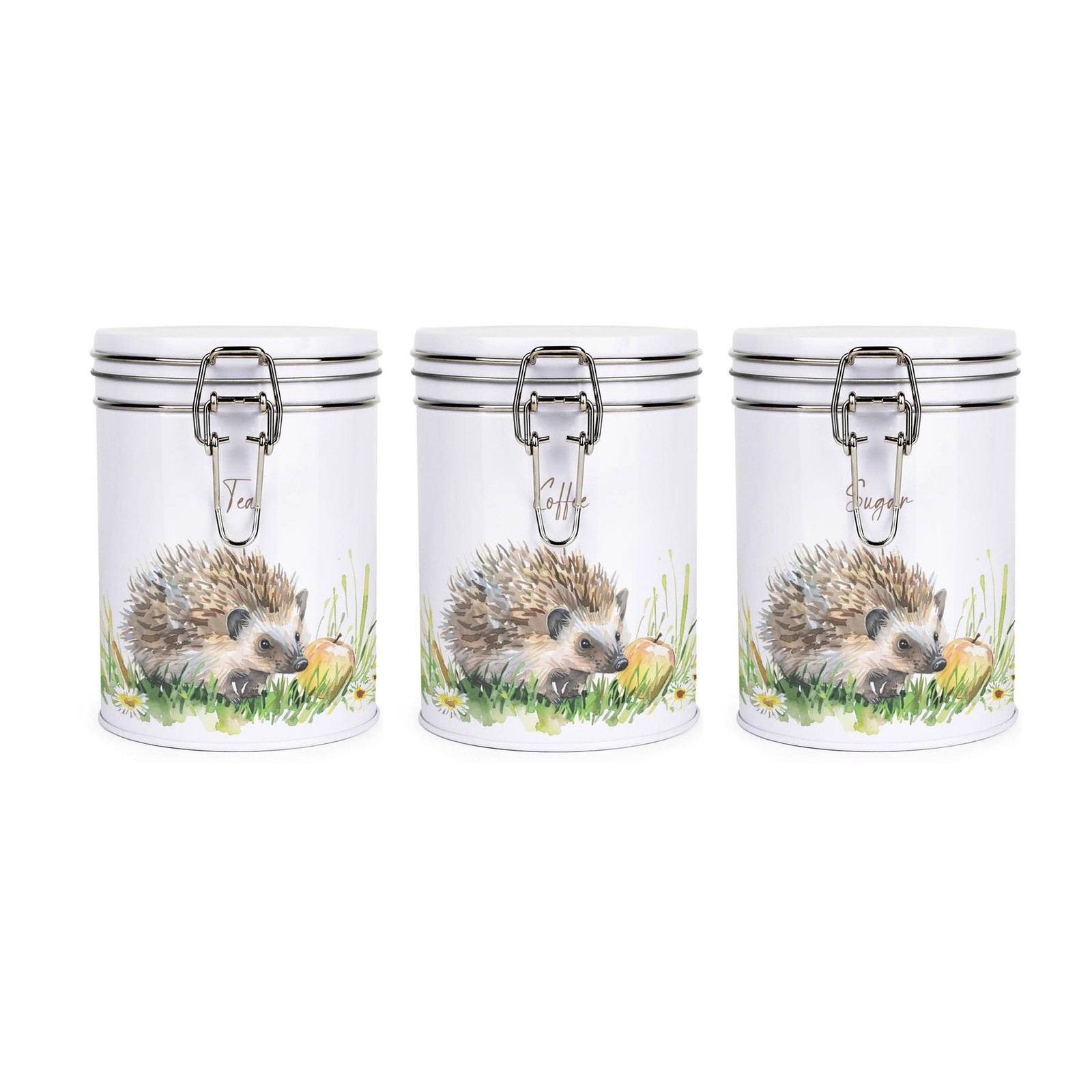 Hedgehog & Apple Hot Drinks Canisters Set - Tea, Coffee & Sugar Storage Tins