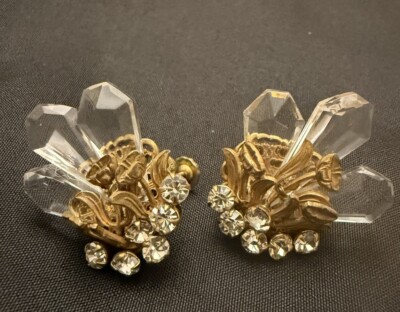 Vintage Miriam Haskell Crystal Glass Rhinestone Screw Leverback Earrings SIGNED