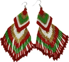 Handmade beaded Red Green drop dangle earrings