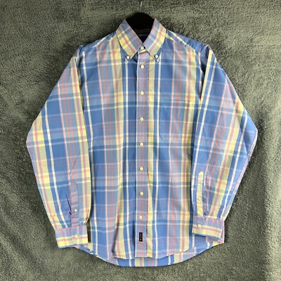 Gant 80er zweilagiges Popeline blau/rosa kariertes Hemd Tasche Herren Medium formell adrett