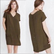 Madewell Womens Button Back Easy Dress V Neck Pockets Olive Green Size Small
