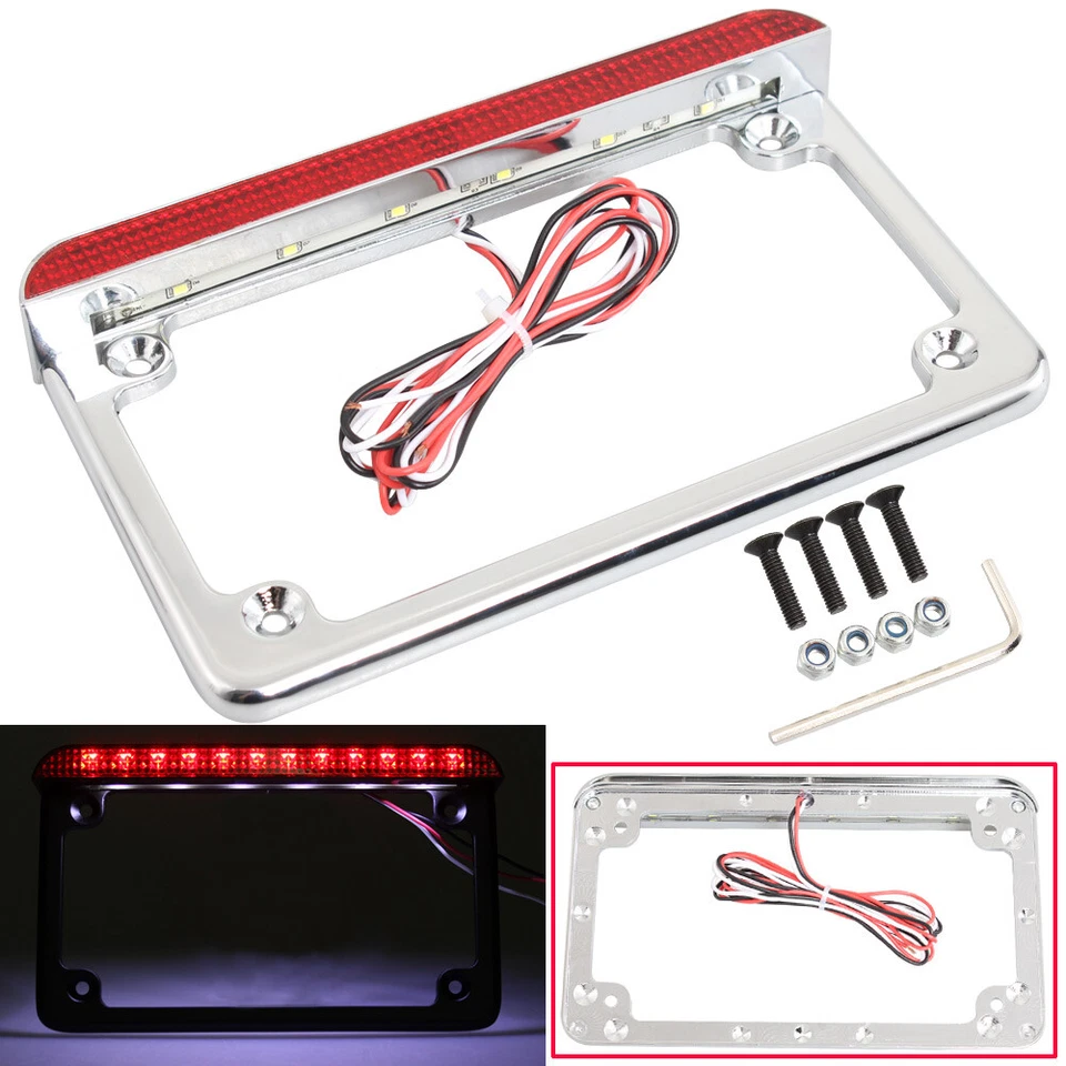 12V Motorbike Aluminum LED License Plate Frame w/Brake Light For Harley Yamaha - Image 2 of 4