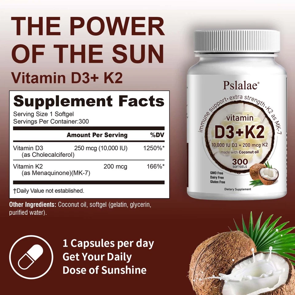 Vitamin D3+K2 MK7 10000 IU - Strong Bones, Immune Support - with Coconut Oil - Image 2 of 4